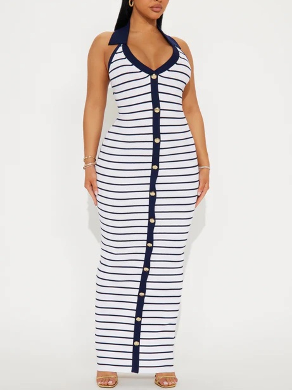 Fashion Nova White and Navy Striped Maxi Dress